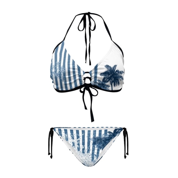 Uourmeti Women's Halter Neck Two-Piece Bikini Set | Navy Stripe & Palm Tree Design | Quick Dry, Tie Side Swimwear for Beach Vacations & Pool Parties
