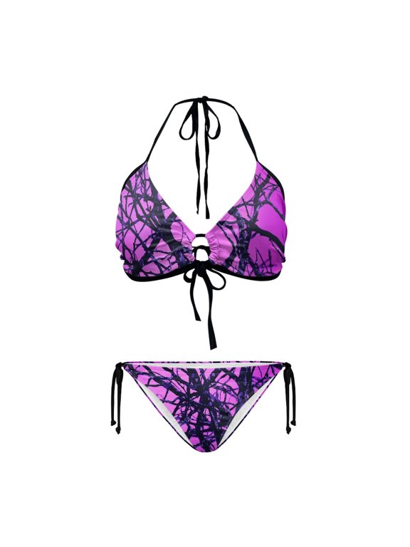 Women's Halter Neck Two-Piece Bikini Set - Purple Dark Bare Branches Print - Sexy Tie Side Triangle Swimsuit for Beach Vacation & Pool Party