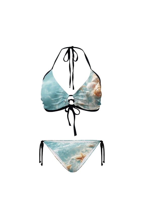 Women's Halter Neck Two-Piece Bikini Set - Seashell & Starfish Beach Scene Print - Quick Dry, Tie Side Swimwear for Tropical Vacations & Pool Parties