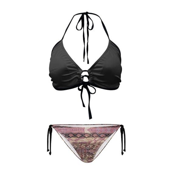 Uourmeti Women's Halter Neck Two Piece Bikini Set - Solid Top & Snake Skin Print Tie Side Bottom - Sexy Quick Dry Swimwear for Beach Vacation & Pool Party