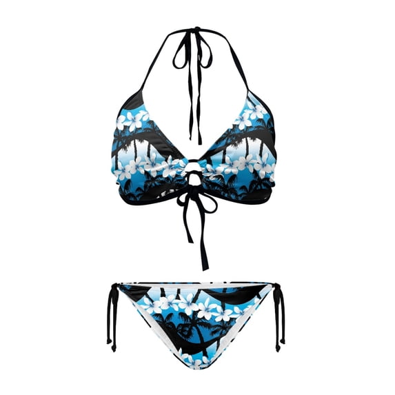 Uourmeti Women's Halter Neck Two-Piece Bikini Set - Tropical Plumeria & Palm Tree Print, Quick Dry, Tie Side Bottoms for Beach & Vacation