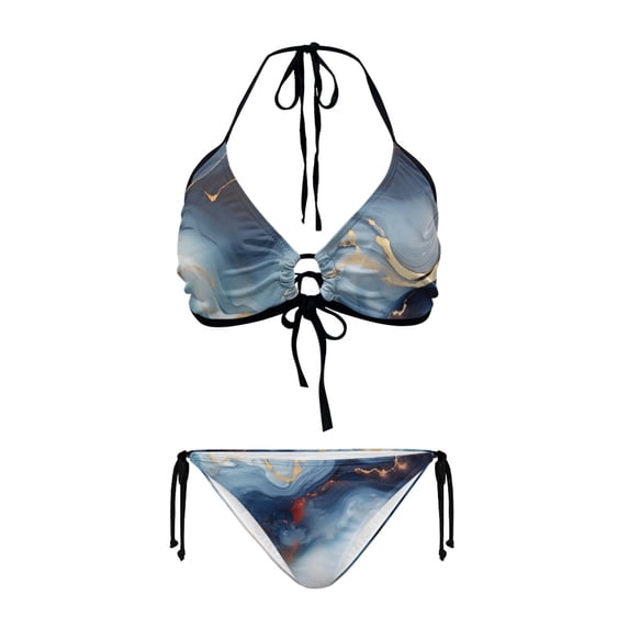 Uourmeti Women's Halter Neck Two-Piece Triangle Bikini - Blue Gold Marble Abstract Print, Quick Dry, Tie Side - Perfect for Beach Vacation & Pool Party