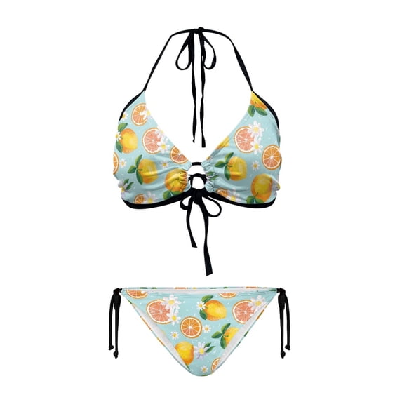 Uourmeti Women's Halter Triangle Bikini Set - Orange & Daisy Fruit Print, Tie Side Two Piece Swimsuit for Beach Vacation & Pool Party