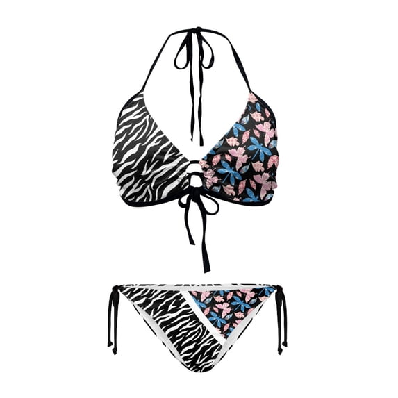 Uourmeti Women's Halter Two Piece Bikini Set - Zebra Stripe & Dragonfly Print - Sexy Tie Side Swimsuit for Beach Vacation & Pool Party