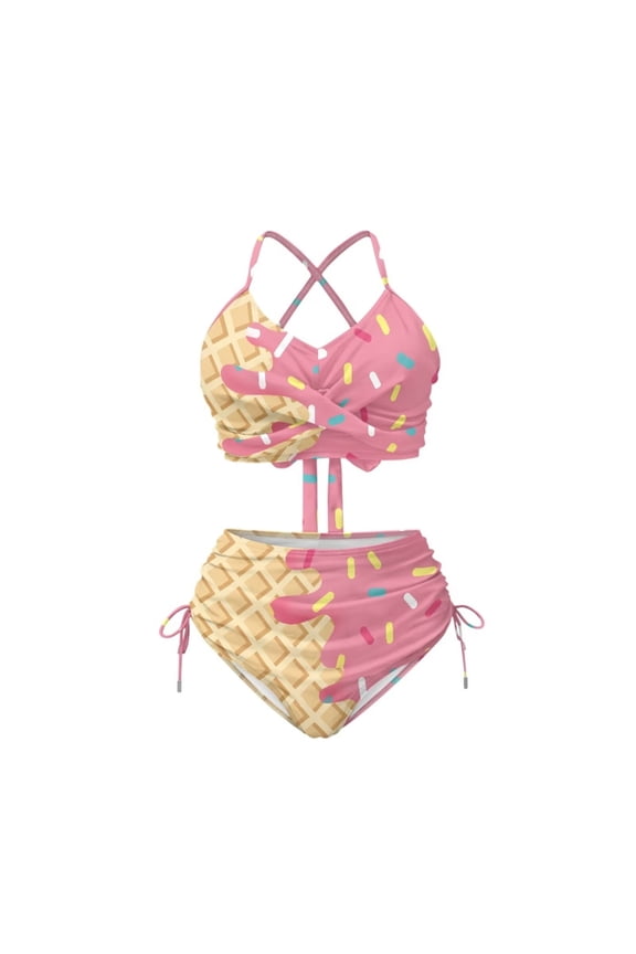 Women's Ice Cream Two Piece Bikini Swimsuit Set High Waisted Bathing Suit for Women Tummy Control Ruched Swimsuits Tie Two Sides Bottom High Cut Bathing Swim Suits Crisscross Back Swimsuit