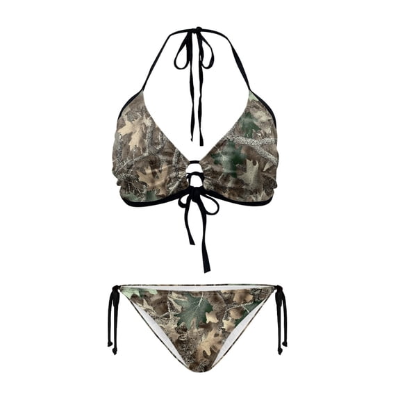 Uourmeti Women's Leafy Camo Halter Triangle Bikini Set - Quick Dry, Tie Side Two Piece Swimsuit for Beach & Pool Vacation