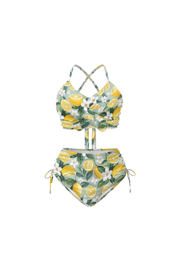 Women's Lemon Flower Blue Bikini Set for Women Two Piece Tankini Swimsuits High Waisted Bottoms Push Up Swimsuit Top Tie Side Bathing Suit Summer Beach Tummy Control Swimwear Swim Suits