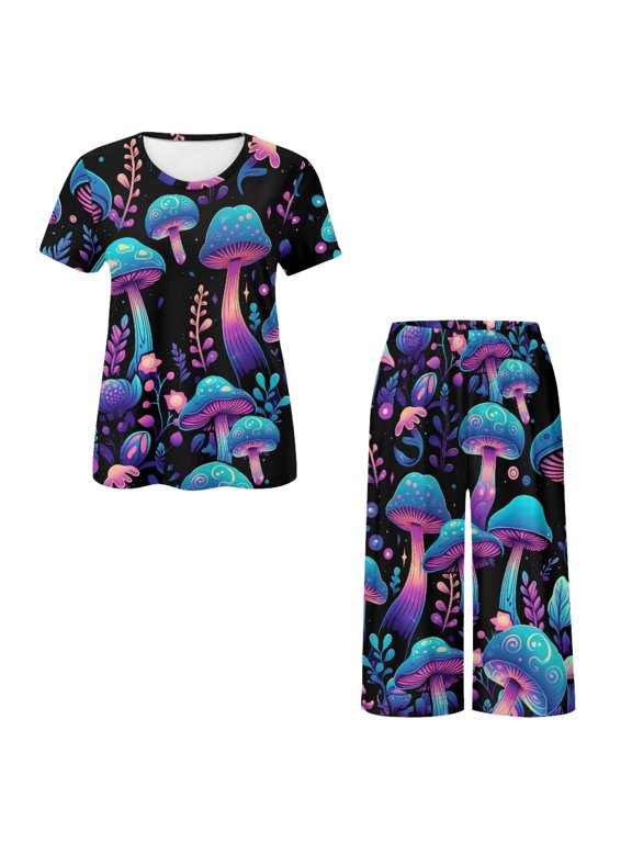Women's Pajama Set with Neon Mushroom Pattern, Comfy Capri Sleepwear for Spring and Summer Home Relaxation