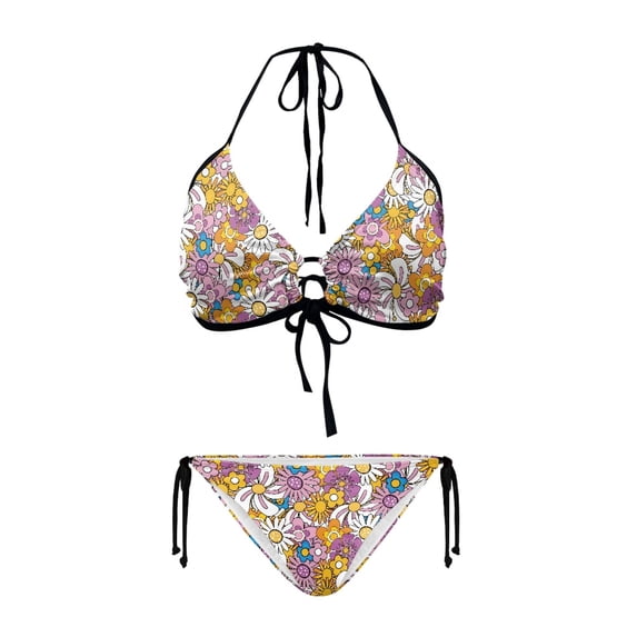 Uourmeti Women's Retro Groovy Floral Halter Triangle Bikini Set - Sexy Tie Side Two Piece Swimsuit for Beach Vacation, Pool Party & Tropical Getaways