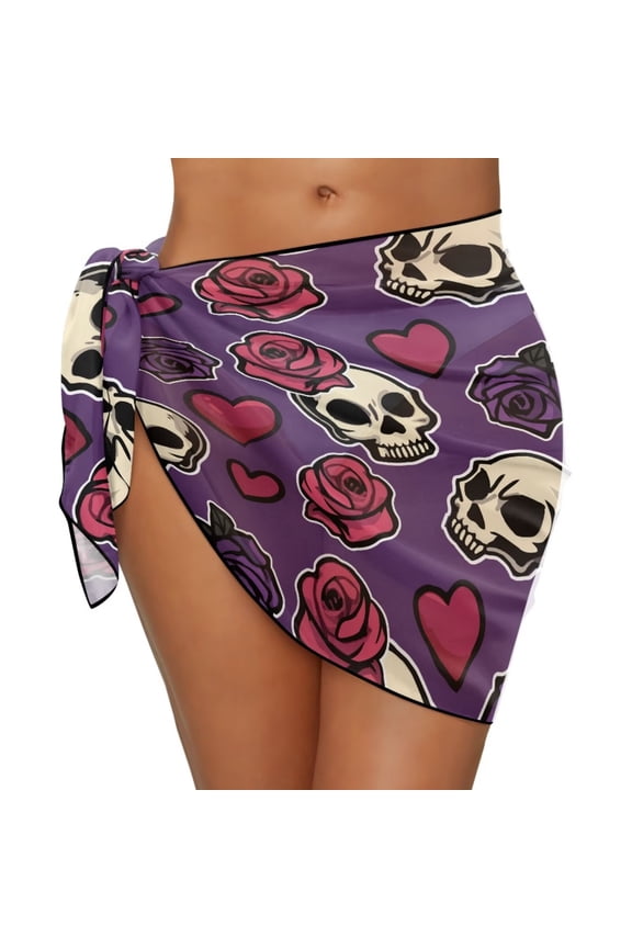 Women's Skull Rose Print Short Sarong Wrap Skirt Short Mesh Chiffon Swimsuit Cover up Beach Pareo Wraps Bikini Bathing Suit Coverups