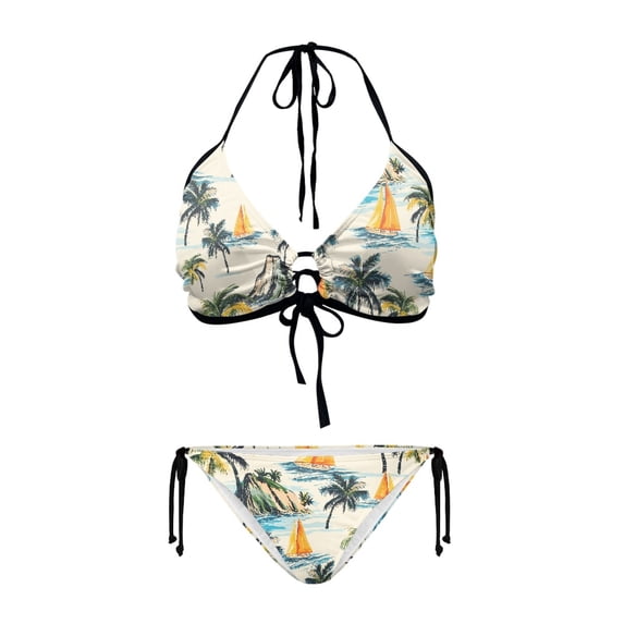 Uourmeti Women's Tropical Beach Halter Bikini Set - Sailboat & Palm Tree Print | Tie Side Triangle Two-Piece Swimsuit for Summer Vacation, Pool & Beach Party