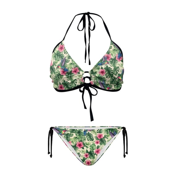 Uourmeti Women's Tropical Floral Hummingbird Halter Bikini Set - Two Piece Triangle Swimsuit for Beach Vacation & Pool Party