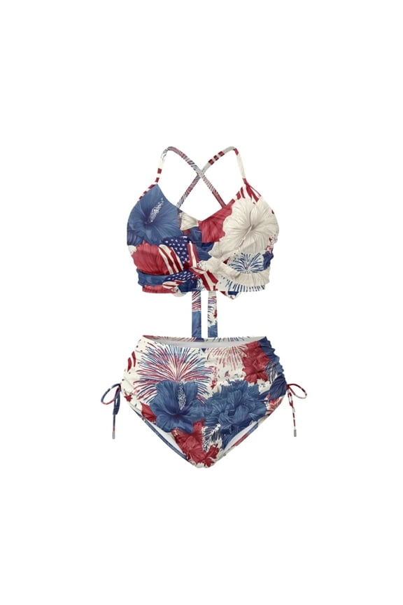 Womens Blue Hibiscus American Flag Bikini Sets Tummy Control Swimsuits Two Piece Drawstring Bathing Suit Sexy V Neck Push Up Top Ruched Ruffle Bottom Plus Size Swimsuit for Women
