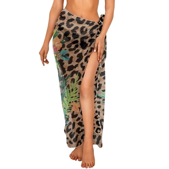 Uourmeti Womens Floral Tiger Leopard Print Sheer Cover Ups Long Swimsuit Pareo Beach Wrap Skirt Sheer Chiffon Long Bikini Wraps