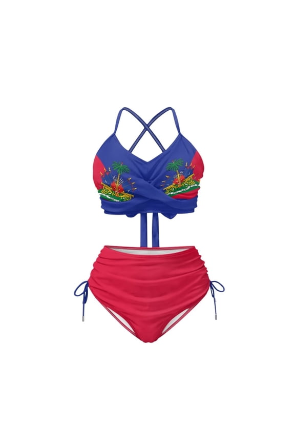 Womens Haiti Flag Blue Red High Waisted Bikini Set Two Piece Swimwear Cross Lace Up Tankini Top Push Up Padded Swimsuit High Waist Ruched Ruffle Bottom Side Tie Halter Bathing Suit