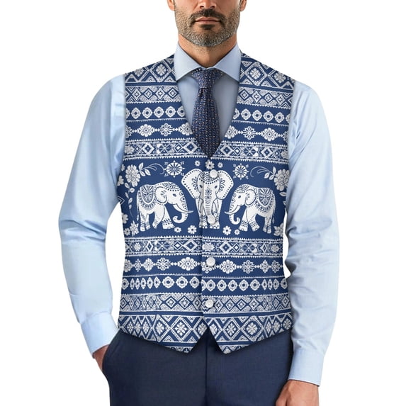 Uourmeti Woven Fabric Formal Wedding Waistcoat for Prom Business, Slim Fit Button Mens Waistcoat, Embroidered Elephant Medallion