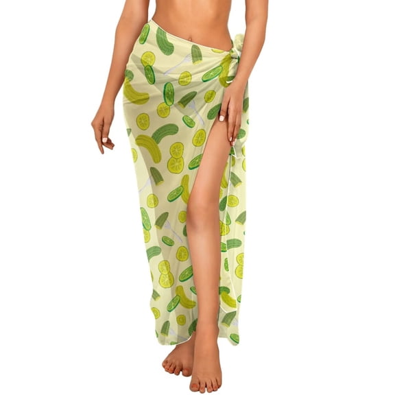 Uourmeti Yellow Green Pickles Pattern Sarong Swimsuit Cover Ups for Women Sheer Bikini Tie Side Wraps Sarong Wrap Skirt One Size