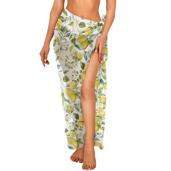 Uourmeti Yellow Lemon Floral Leaves Long Sheer Swimsuit Cover ups for Women Sarong Pareo Wraps Bathing Suit Swimsuit Scarf One Size