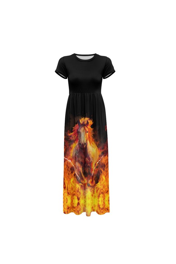 with Pockets Long Dress, Flaming Horse Pattern Design Crew Neck Fast Dry Short Sleeve Maxi Dress for Daily Holiday Summer