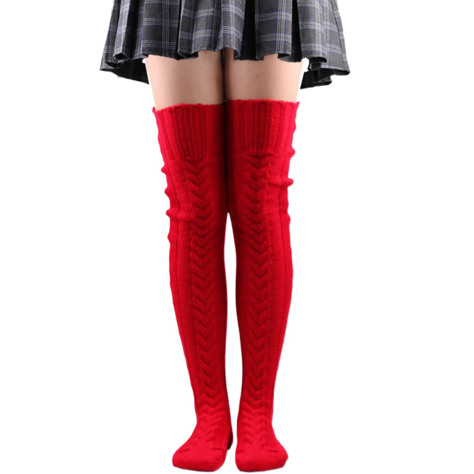 Uoyii Stockings Red Women's Cable Knitted Thigh High Socks Extra Long ...