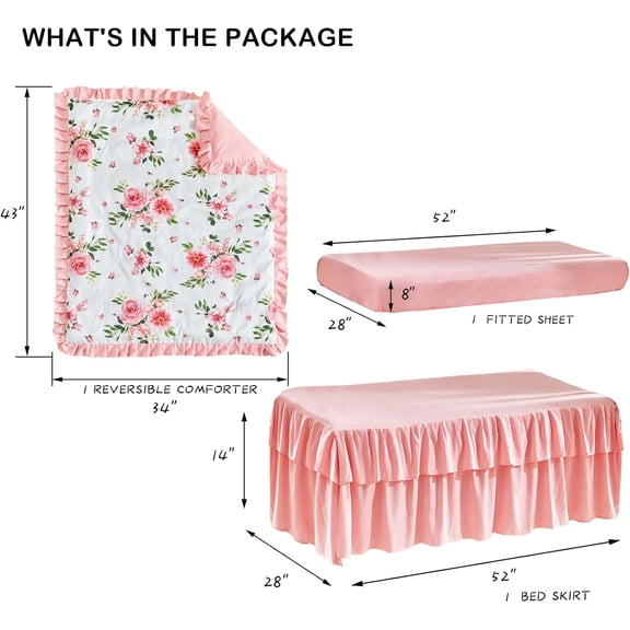 Uozzi 3-Piece Pink Floral Crib Bedding Set with Ruffled Quilted Comforter and Fitted Sheet