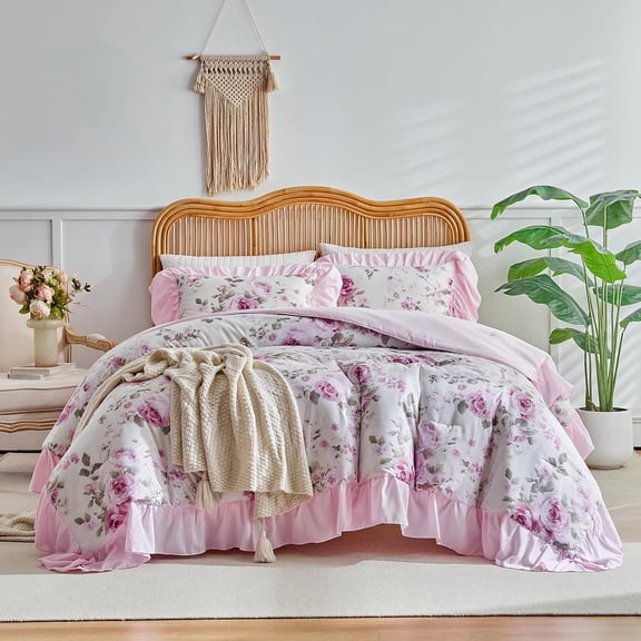 Uozzi Home Queen Size Comforter Set Pink Floral Ruffled Fringe Shabby Chic Farmhouse Bedding with 2 Pillow Shams Lightweight Botanical Design