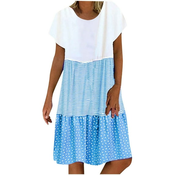 JGTDBPO Summer Dresses For Women 2024 Casual Loose Short Sleeve Round Neck Stripe Patchwork Beach Vacation Dress Swing Flowy T Shirt Dress Cover Up Loose Mid-Length Mini Dresses