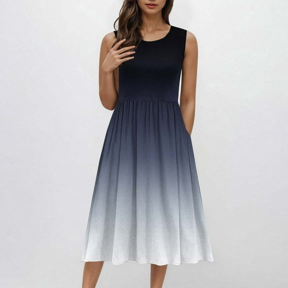 Up to 50% off! Titcea Tank Midi Dress Sleeveless A-Line Ruffled Hem Sundress with Pockets Gradient Print Crew Neck Casual Dress Flowy Summer Beach Dress