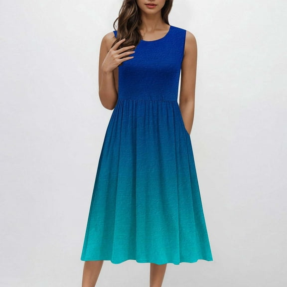 Up to 50% off! Titcea Tank Midi Dress Sleeveless A-Line Ruffled Hem Sundress with Pockets Gradient Print Crew Neck Casual Dress Flowy Summer Beach Dress