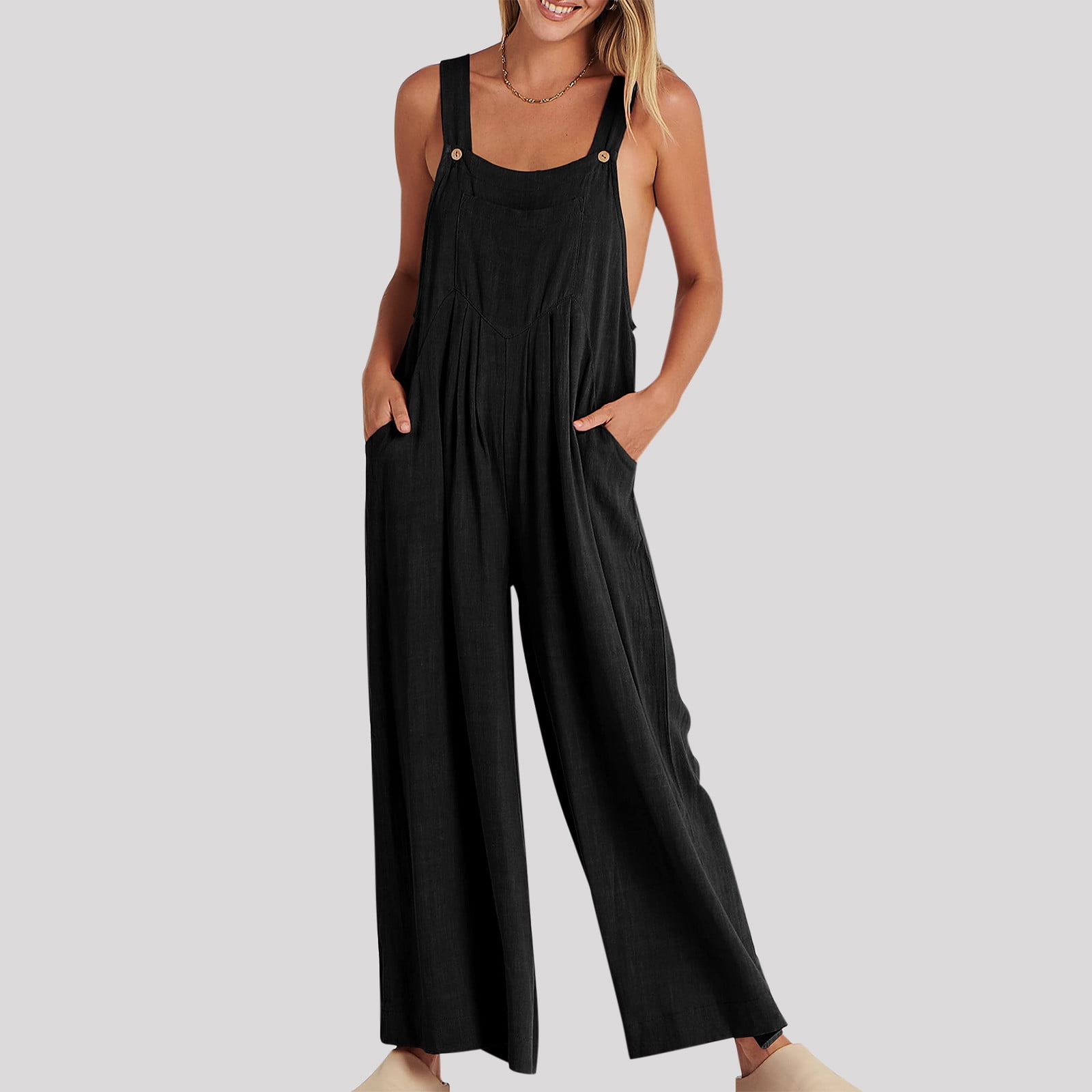  YADMISU Women's Casual Baggy Cropped Jumpsuit Overalls Sling  Backless Solid Color Cotton Rompers Straight Wide Leg Pants with Pockets  (Black, Small) : Clothing, Shoes & Jewelry