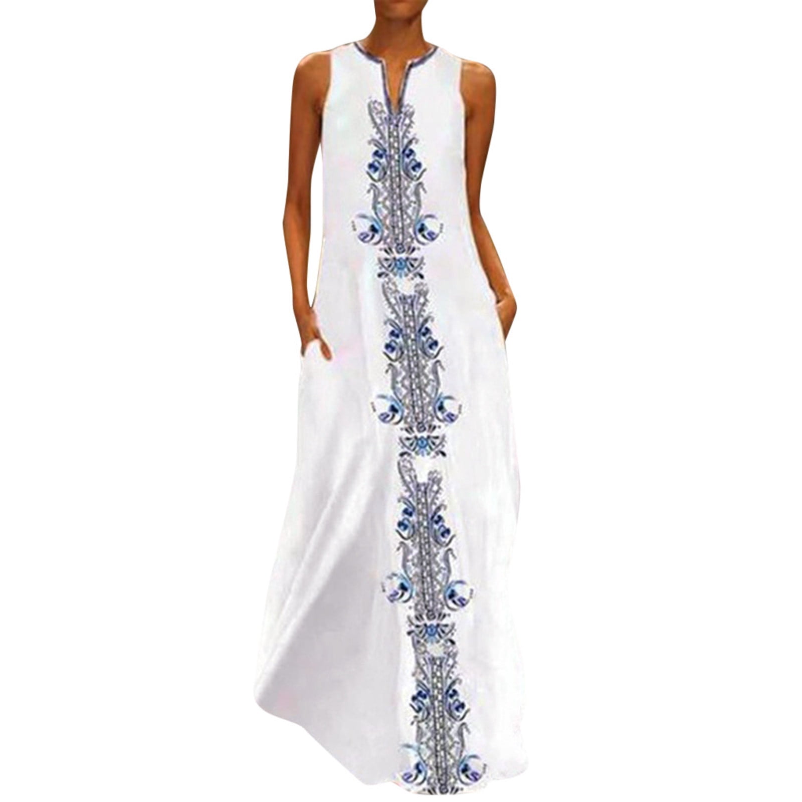 pstuiky Sun Dresses for Women , Maxi Dress with Pockets Women Floral Printed V-Neck Sleeveless Long Dresses Trendy Summer Boho Beach Sun Dress Leisure Dress on Sale White #1 XXL E2