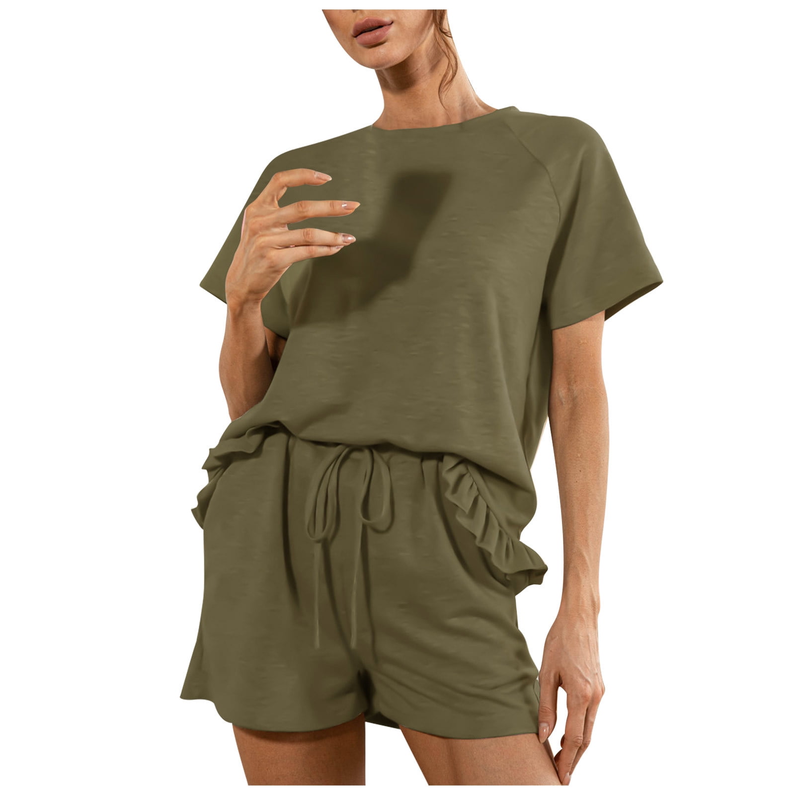 Up to 60% Off! pstuiky Two-Piece Set for Women,Women Short Sleeve V-Neck  T-Shirt and Shorts Basic 2-Piece Short Top Shorts Set Leisure Sales Today  Clearance Army Green L 