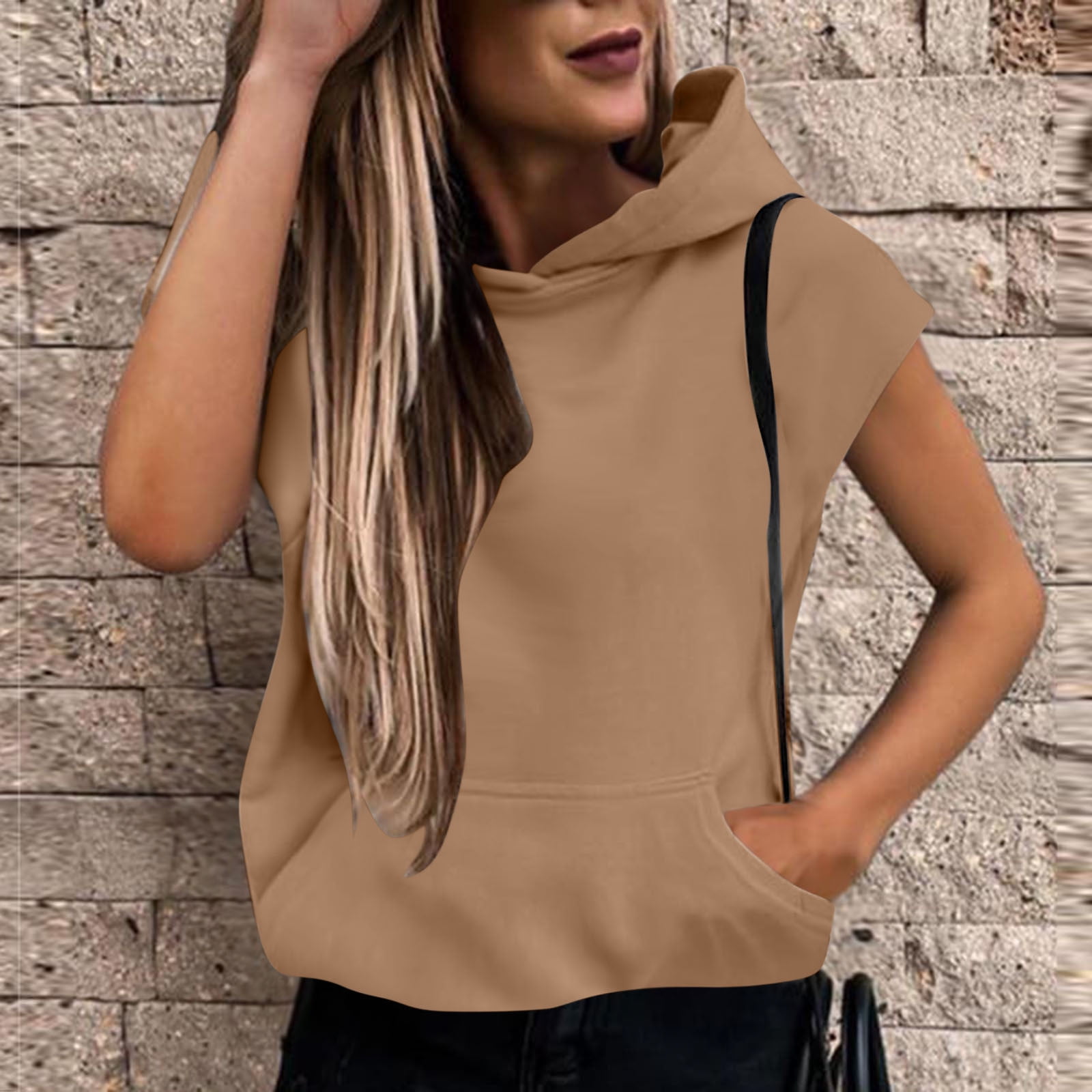 Up to 60 off pstuiky Sweatshirt for Women Womens Sleeveless Hoodie Solid Color Crewneck Hoodie Oversized Sweatshirt with Pockets Causal Fit Pullover Tops Hooded Sweatshirts Khaki M Walmart Business Su...