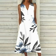 SEMPAI Giunmcul Sun Dresses Women Summer Casual Pleated Loose Swing Midi for Women Flral Print Knee Length Plus Size Dress Crewneck Short Sleeve Wedding Guest Dress Summer Savings Clearance