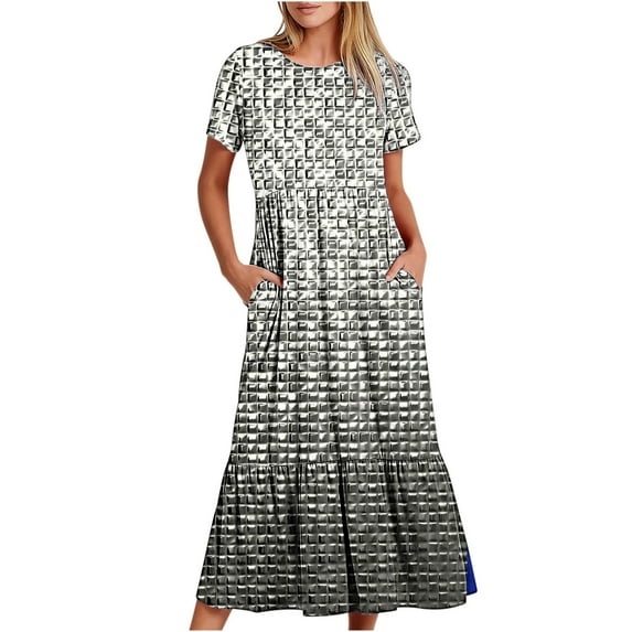 Up to 65% off!Summer Beach Dress for Women 2024 Plus Size Casual Short Sleeve Crewneck Dress Casual Flowy Tiered Maxi Beach Dress With Pockets Shiny Print Dress