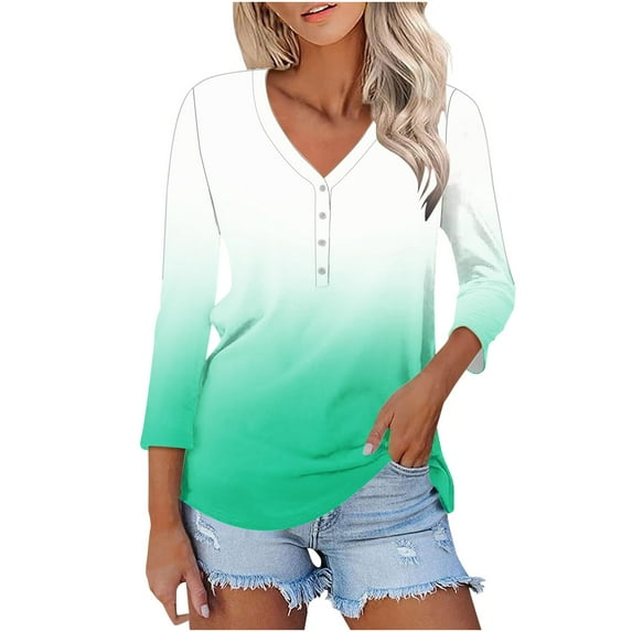 Up to 65% off! Womens' Fashion 3/4 Sleeve Plus Size Shirts Tops Spring And Summer Gradient Printed Top Collar Button Sexy Shirt 3/4 Sleeve Long Sleeve V Neck Top/Shirt