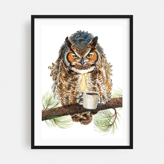 Up All Night - Painting Nature Humor Bird Modern Art Kitchen Decor Surrealism Black Framed Wall Art Print 6 x 8 inches