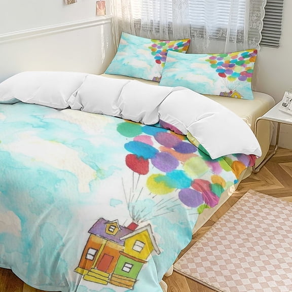 Up Balloons House Sky Duvet Cover Set Themed Multicolor Polyester Bedding Set for Bedroom Decoration