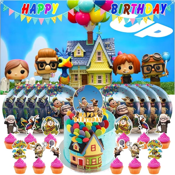 Up Birthday Party Decor Set - 5x2.3ft Backdrop Banner, Paper Plates, Cake Toppers & Fan Decorations