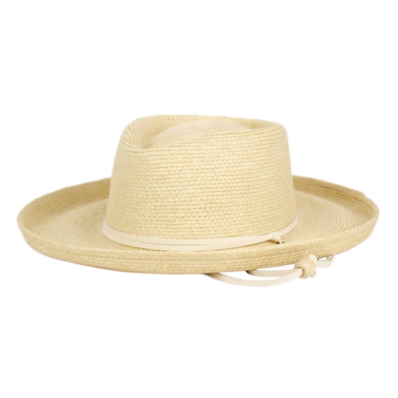 Up Brim Paper Straw Sun Fedora Hat with Leather String Band & Chin Cord
