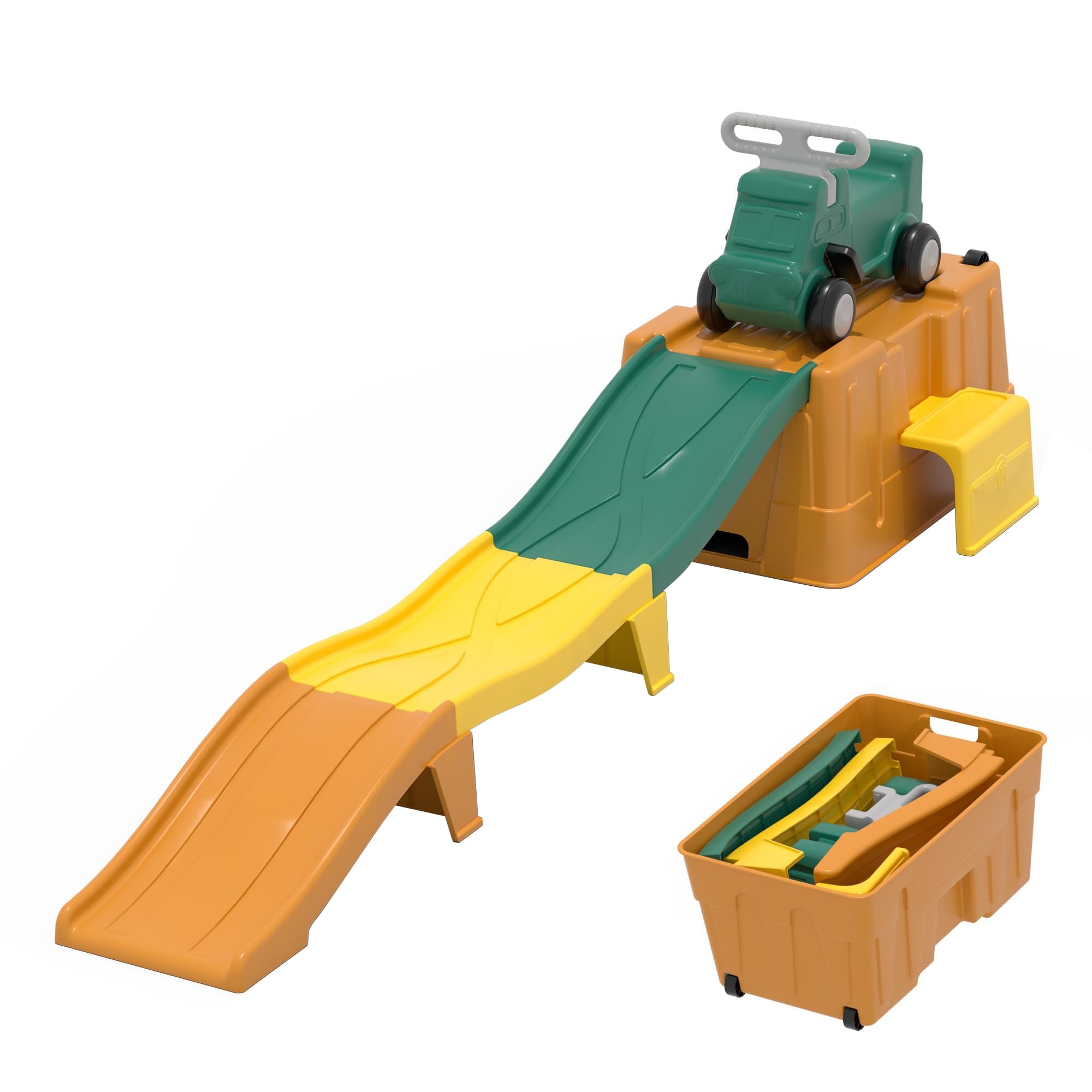 Up & Down Roller Coaster，Kids Ride On Toy，Toddler Push Car with Assembled Race Track & Storage Base Box, Indoor Outdoor Playset