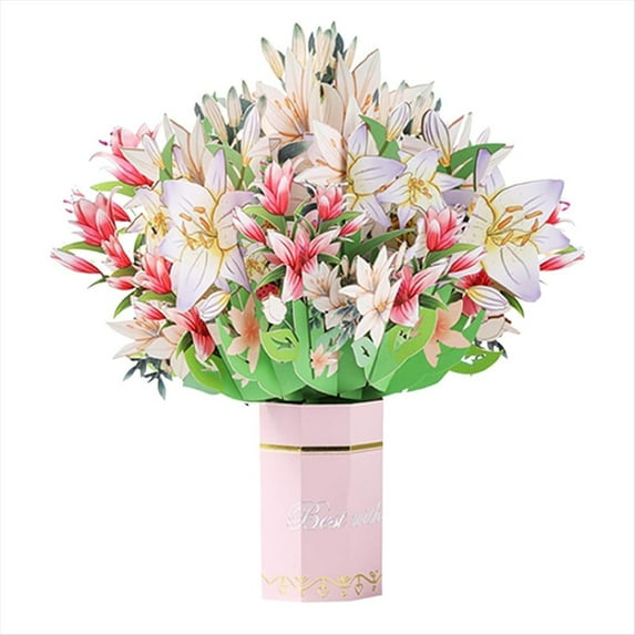 -Up Mothers Day Cards for Mom,Paper Flower -Up, Lily Holding Flowers Women with Note Card and Envelope,B