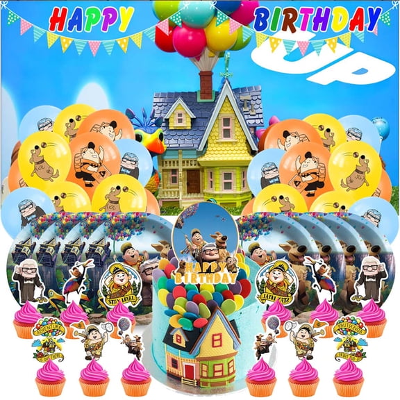 Up Themed Birthday Party Decor Set - Balloons, Paper Plates, Cake Toppers, Tableware & 5x2.3ft Backdrop Banner