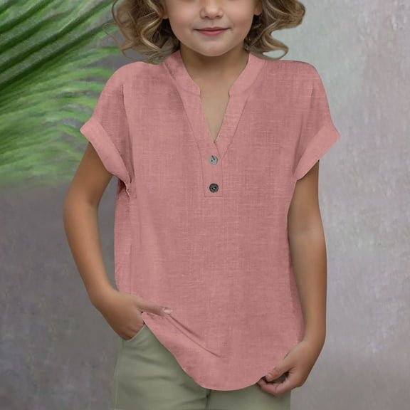 Up To $10 Sale!Girls Clothes Girls Summer Fashion Solid Button Shirt Female V-Neck Loose T-Shirt Blouse Pink 5 Years