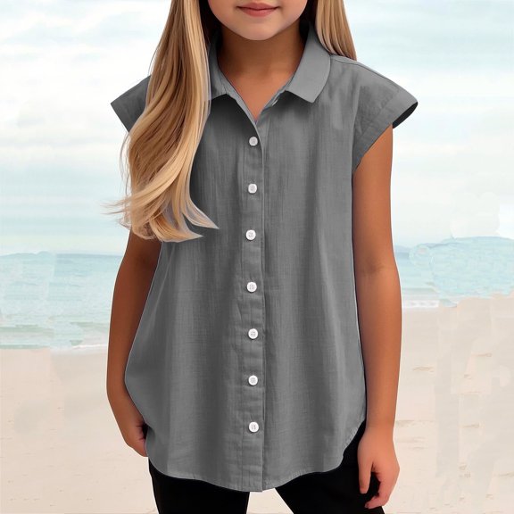 Up To $10 Sale!Toddler Girl Short Sets Sale Girls Boys Plus Size Turn Down Collar Short-Sleeved Shirts Kids Loose Tunic Aged 3-14 Gray 160