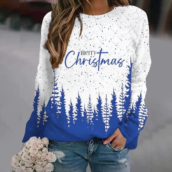 Up To 50% Off Crewneck Sweatshirts Women Women's Round Neck Long Sleeved Merry Christmas Christmas Tree Snowflake Printed Casual Top Christmas Hoodie