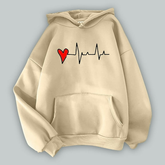 Up To 50% Off Hoodie Sweatshirt for Women Women'S Love Heart Printed Hoodie With Large Pocket Drawstring Top Hoodie