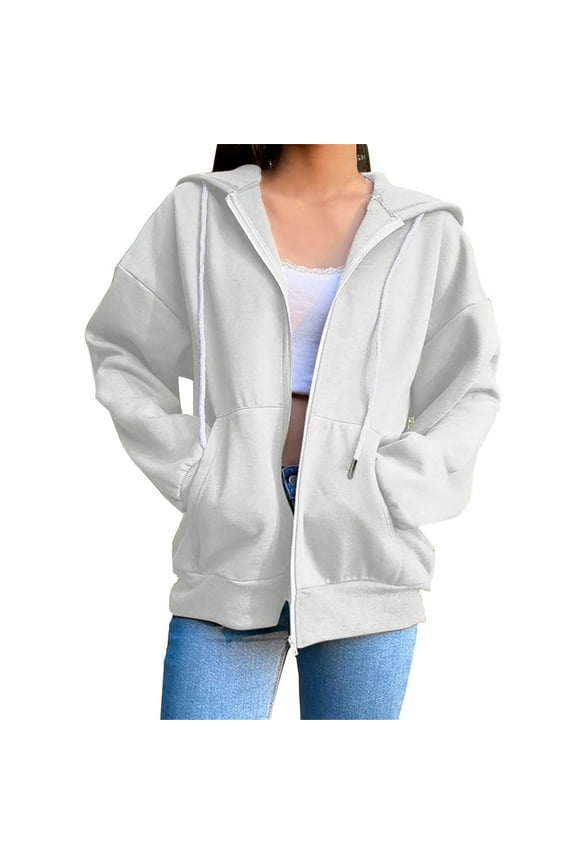 Clothing 2025 Zip up Hoodie Women Fashion Oversize Korean Pullover Zipper Coat Hoodie Pure Color Loose Crop Solid Color Hoodie For Women