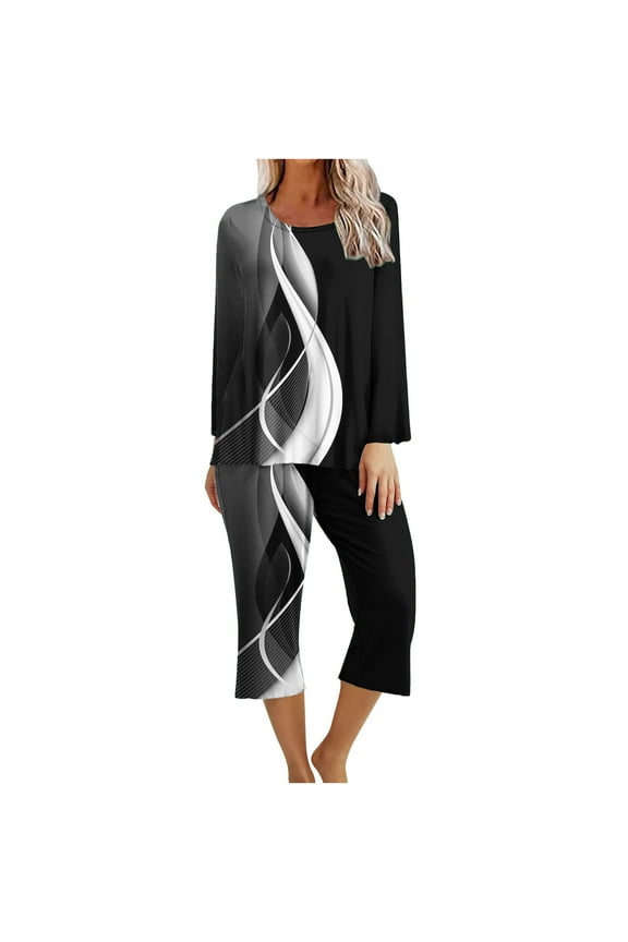 Autumn 2 Piece Sets for Women Plus Size 2PC Round Neck Long Sleeve Two-piece Comfortable Home Pajamas Set Sports Set