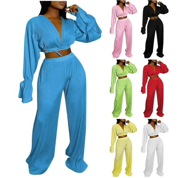 Autumn 2 Piece Sets for Women Plus Size Casual V-Neck Bandage Long Sleeve Wrinkled Long Pant Set